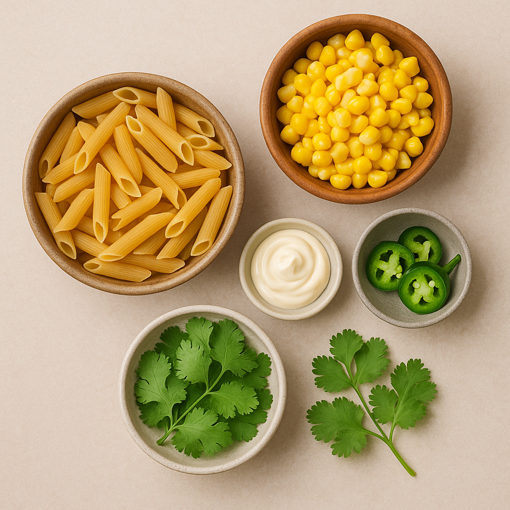 Gluten-free pasta, fresh corn, jalapeño, cilantro, and mayo in bowls