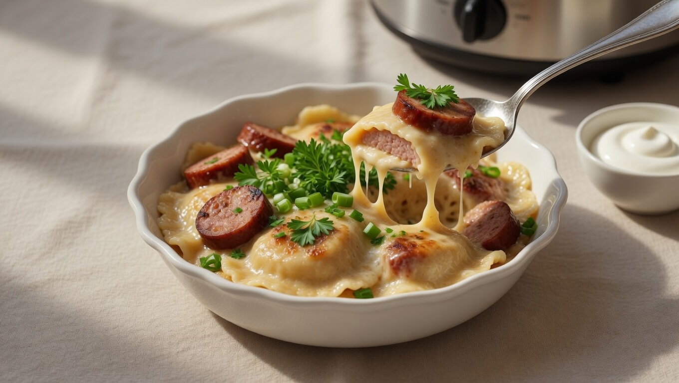 Crockpot Pierogi Casserole with Kielbasa Recipe